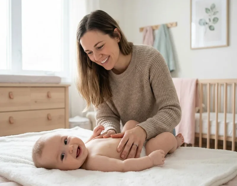 Anya mosolyogva masszírozza babája pocakját