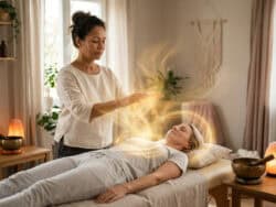 Metamorf masszázs - energetikai gyógyítás, a terapeuta keze a mellkas felett lebeg arany energiával