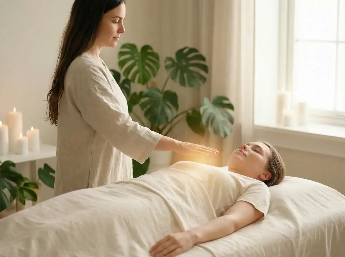 Metamorf masszázs - terapeuta energetikai kezelést végez, jobb kezét a páciens szívcsakrája felett tartja arany energiával