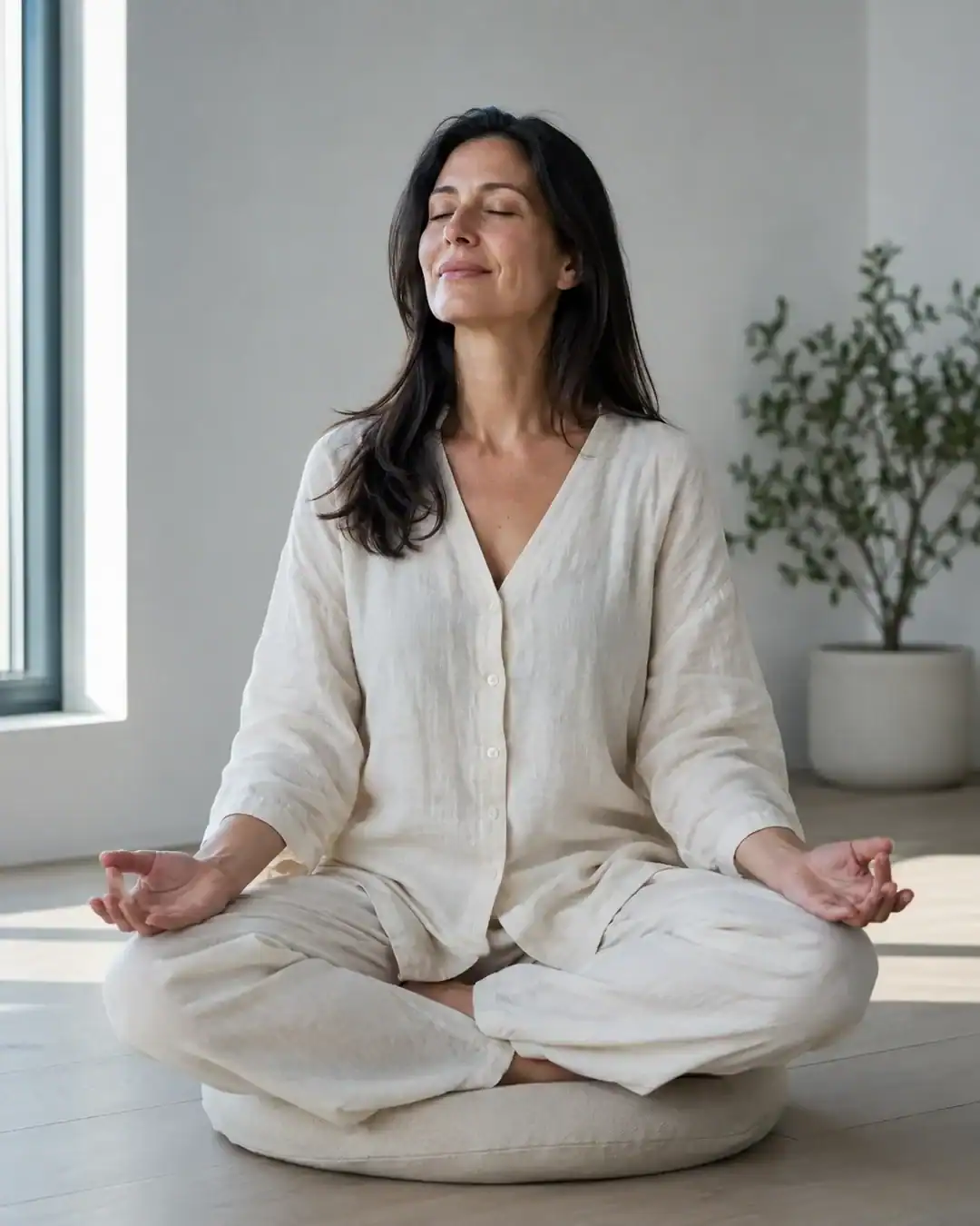 Belső csend és integráció — egy nő meditáló pózban, krém vászon ruhában