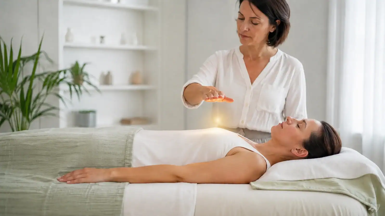 Metamorf masszázs energetikai harmonizálás közben — női terapeuta keze a fekvő vendég szívcsakrája fölött lebeg, gyengéd arany fénnyel
